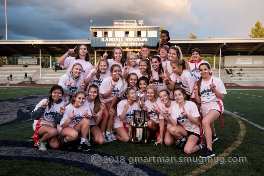 Sophomores pose in pure happiness as they capture their second powder puff championship victory in a row. Haley Stahl and Courtney Ellis were key components of this group.   