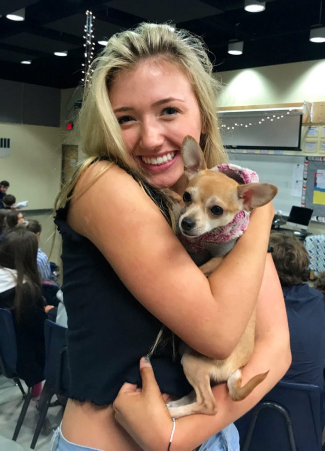 Pictured+above+is+the+sophomore+Kaiya+Shivers+who+plays+Elle+Woods+in+the+musical+Legally+Blonde.+She+is+holding+the+dog+who+plays+Bruiser+Woods.