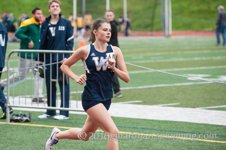 Senior Jillian Greene running the 800. Greene placed second in the 800 meter dash today in an extremely close finish.