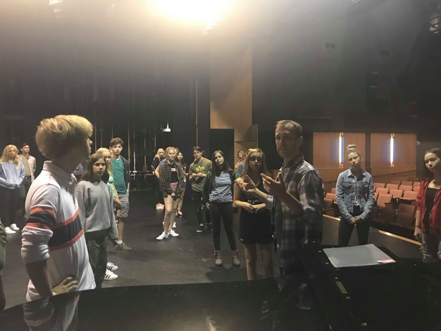 Andrew Bray leads theatre students in an audition workshop.  Auditions for the Fall musical begin on Tuesday September 3, 2019