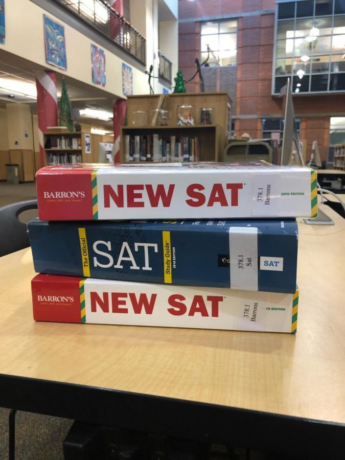 Pictured above are some SAT textbooks available at the Wilsonville High School library for studying. PSAT test prep books are also available.