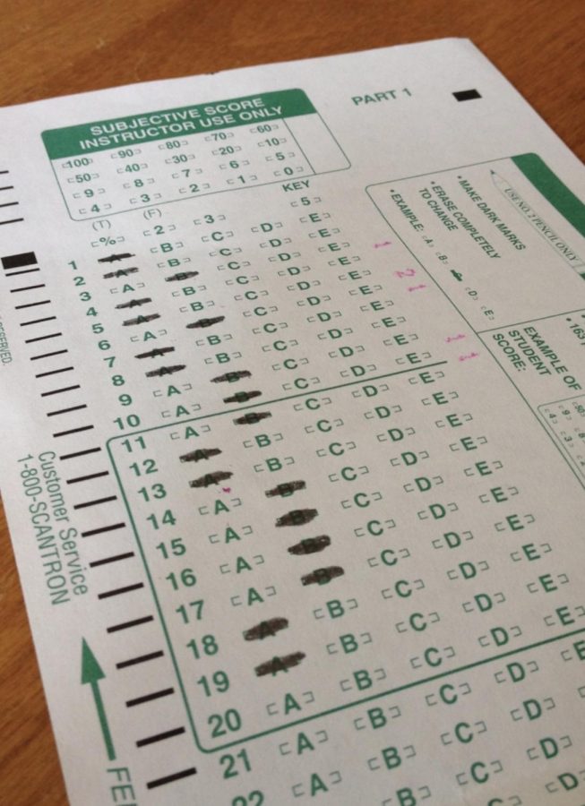Picture of a filled out scantron. The actual SAT will be taken on a scantron similar to this.