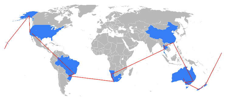 This is the map of the travel path that contestants went to during season 2. The Amazing Race travels to different places around the world each season.