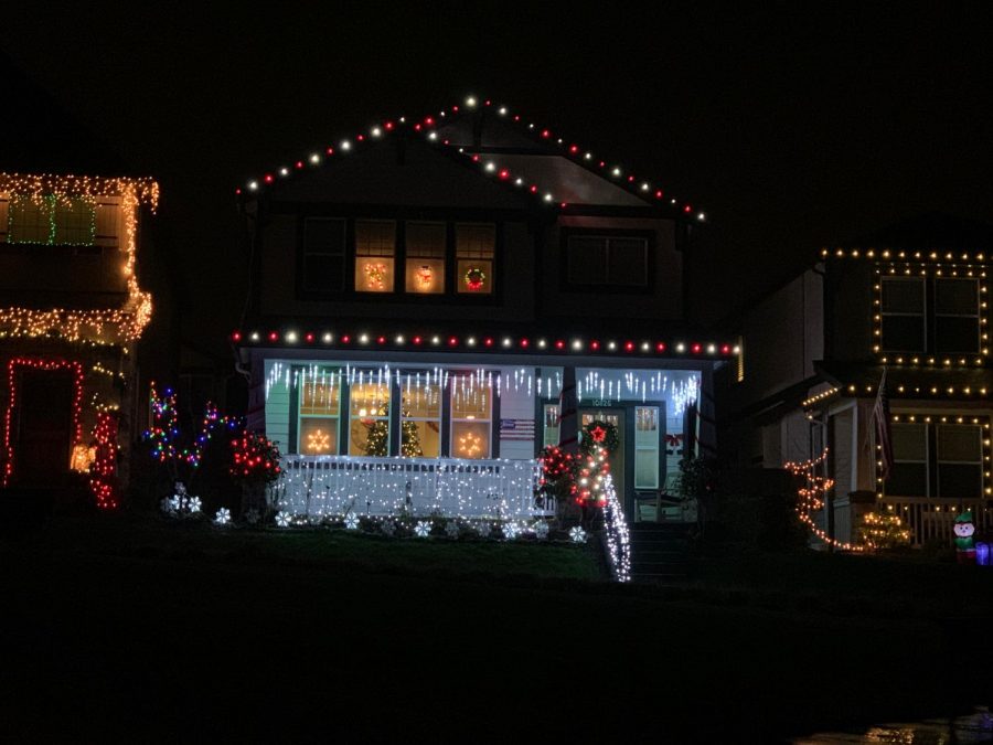 Dazzling Christmas lights strung on houses in the Villebois neighborhood in Wilsonville.