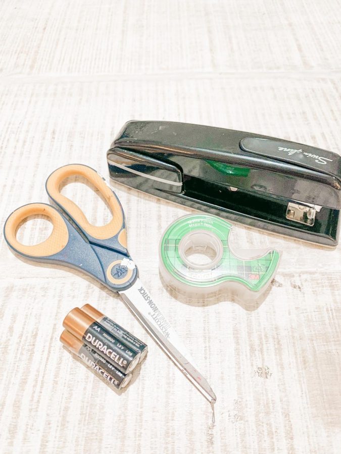 Scissors, tape, stapler,  batteries, Tide pods