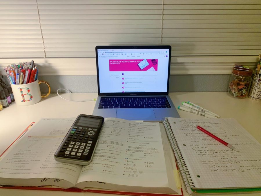 Senior Bella Glastra van Loon shows off her studying set up for her Calculus final. This year, finals week is unlike normal years.