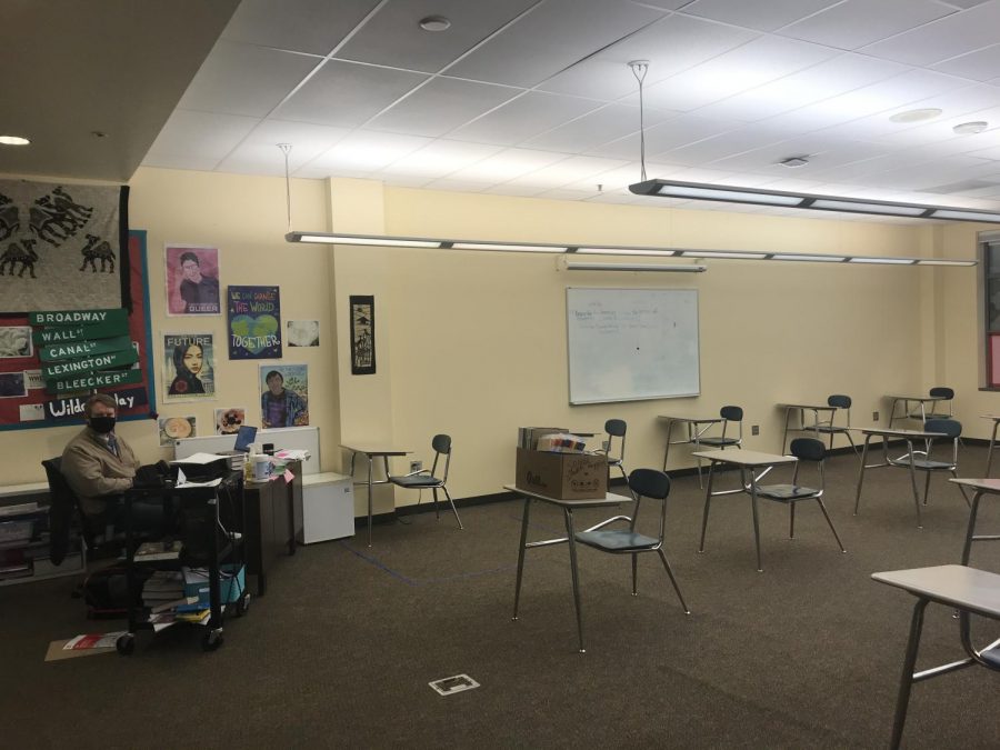 Mr. Deeder taking in the sight of his new socially distanced classroom. Students are returning to the classroom March 15th and Mr. Deeder cant wait! 