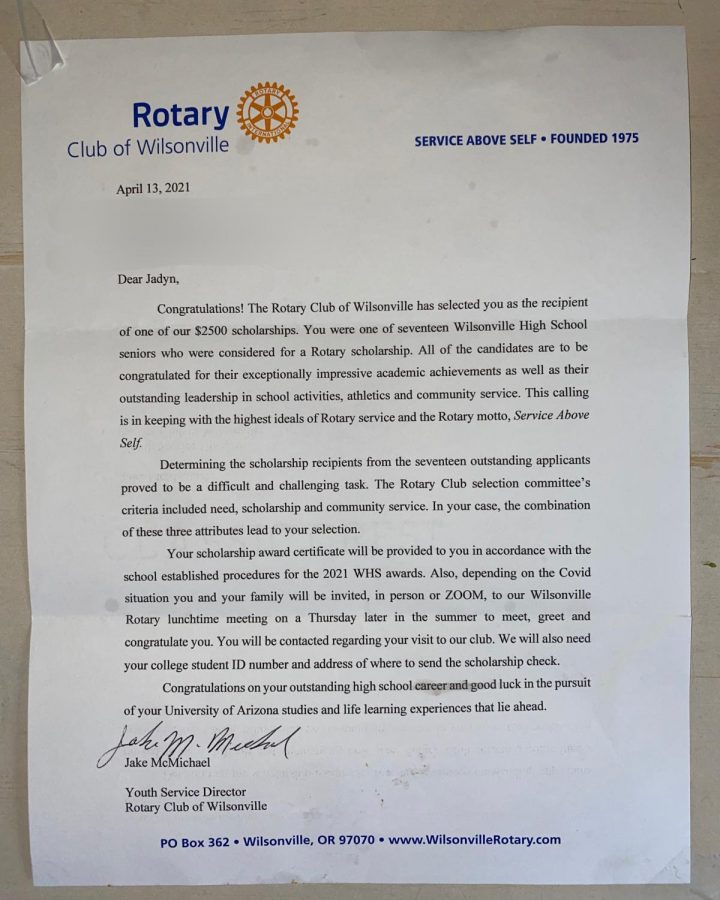 Jadyn Sherrys letter from the Rotary Club telling her she is one of this years winners. Lauren Ellett and Riley Scanlan were the two other lucky winners of the three $2,500 scholarships.