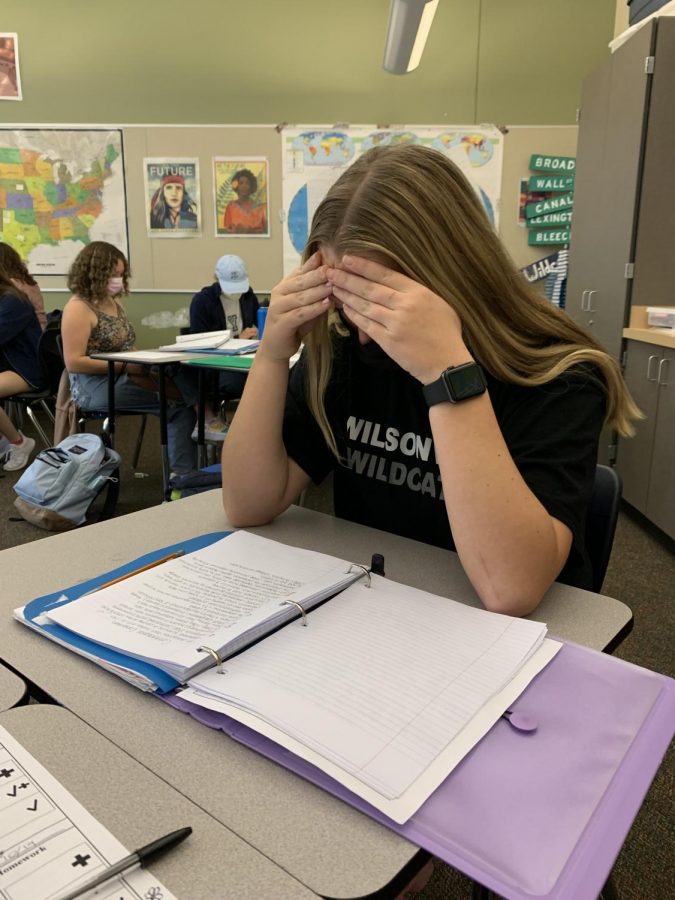 Sophomore+Maddie+Holly+trying+to+fit+in+some+last-minute+studying+before+a+quiz.+She+had+a+lot+to+study+for+with+her+chapter+ID%E2%80%99s+also+due.