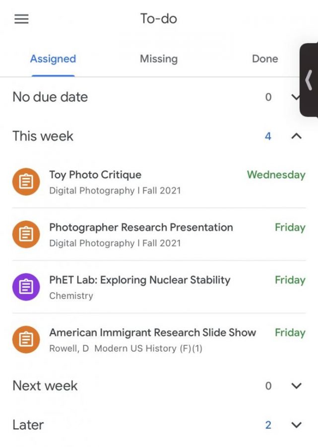 A students active assignment due dates in Google Classroom. Many students have a similar assignment schedule, and some have more.