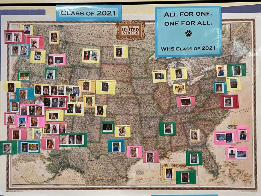 A map representing class of 2021's decisions in college destinations. College bound students face the in state vs out of state dilemma
