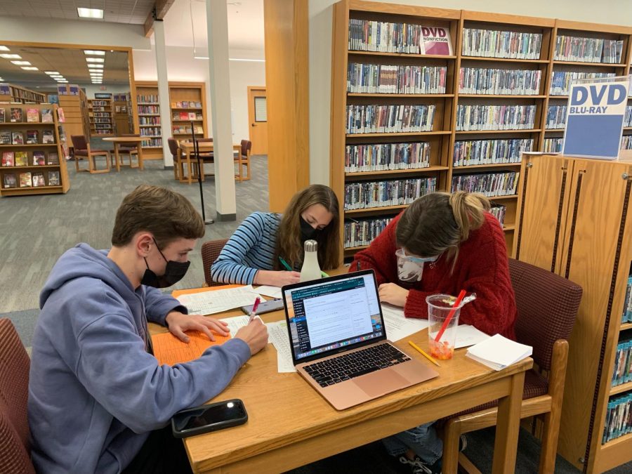 From left to right, sophomores Ezra Oesterreich, Shelby Widman, and Siona Ruud working hard at the Wilsonville Public Library to study for their finals. Working together has helped them study significantly this week.