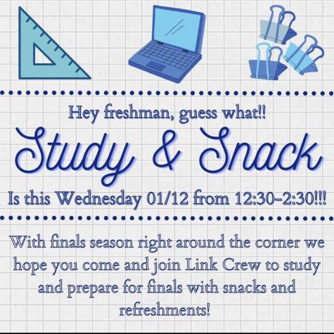 Study and Snack is an event designed for students, mostly freshmen who havent had finals before, to learn how to prepare for them. They got to work together with upperclassmen to study and catch up on work.