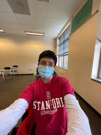 Selfie taken by the scholar himself. Tejeda proudly displays his Stanford shirt after being accepted.
