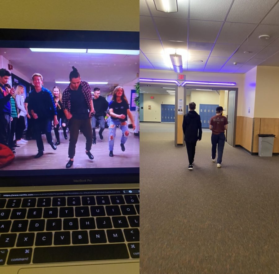A side by side of Hunter Chen in Ginny & Georgia in the halls tap dancing compared with a quiet hallway at WVHS. The display of a musical like production is inaccurate.