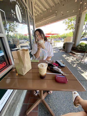 Senior Anna Burkhead enjoying her blended coffee drink at the Corner Coffee Shop. The cafe is located here in Wilsonville.