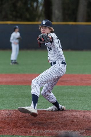 Justin Schramm winds and delivers a pitch during an exciting 4-3 victory over the La Salle Falcons. Wilsonville looks to win the series Friday April 8th.
