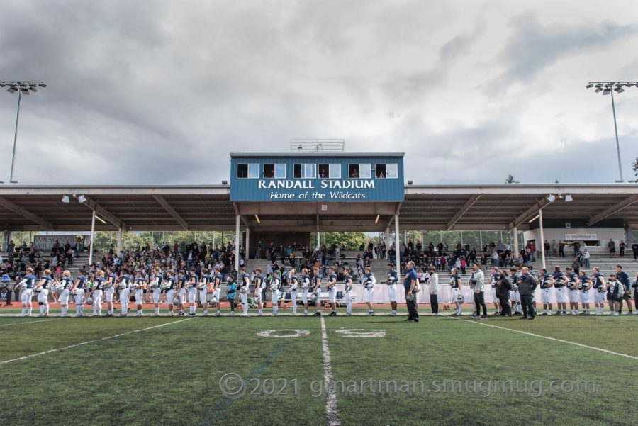 Wilsonville+football+lines+up+for+the+National+Anthem.+The+Wildcats+will+play+their+first+home+game+on+Friday%2C+September+9th+V.S+Westview.+