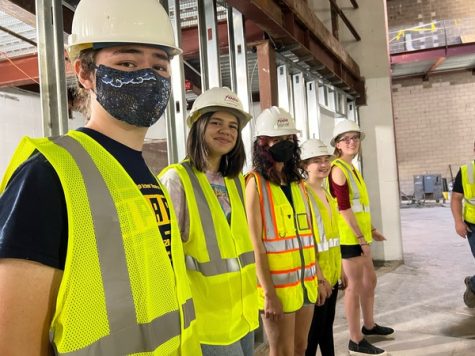 The drama club board explores the new theater in construction! Pictured left to right: President Xander Povey, Publicist Kiera Kerner, Vice President Penelope Burian, Student Outreach Coordinator Leslee Milburn, and Archivist Jadyn Platt.