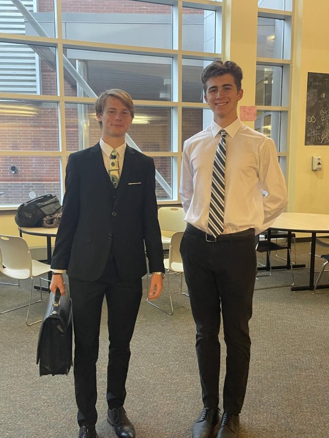 Seniors+Nathan+Wilde+and+Sean+Coyler+are+ready+for+their+first+class+of+the+day+in+their+best+suits.