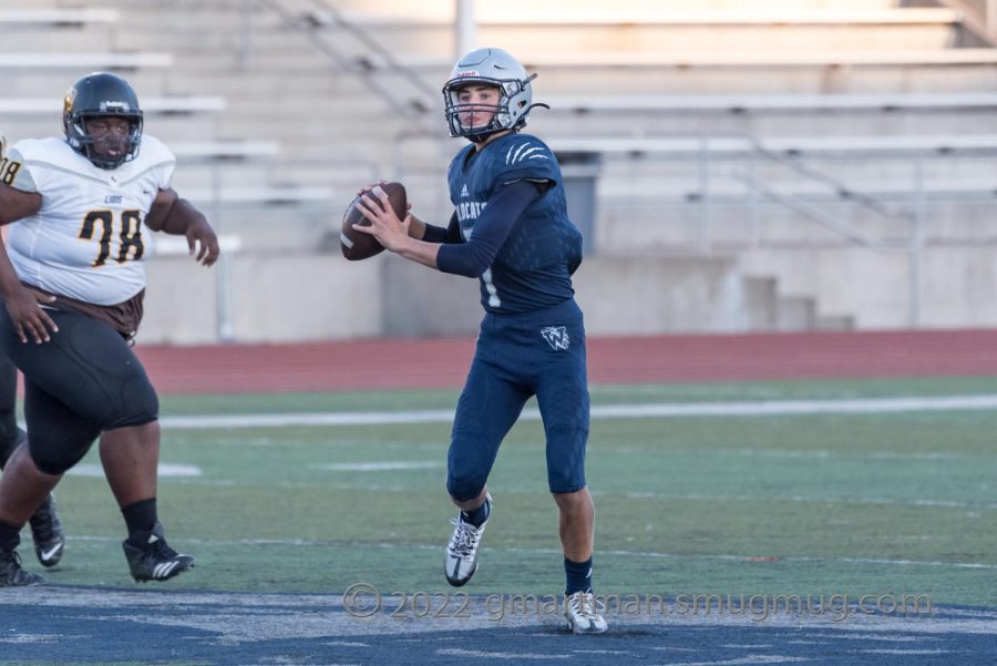 Freshman+quarterback+Brooks+Carter+makes+a+throw+rolling+to+his+left+vs+St.+Helens.+Wilsonville+would+cruise+to+a+41-8+win.