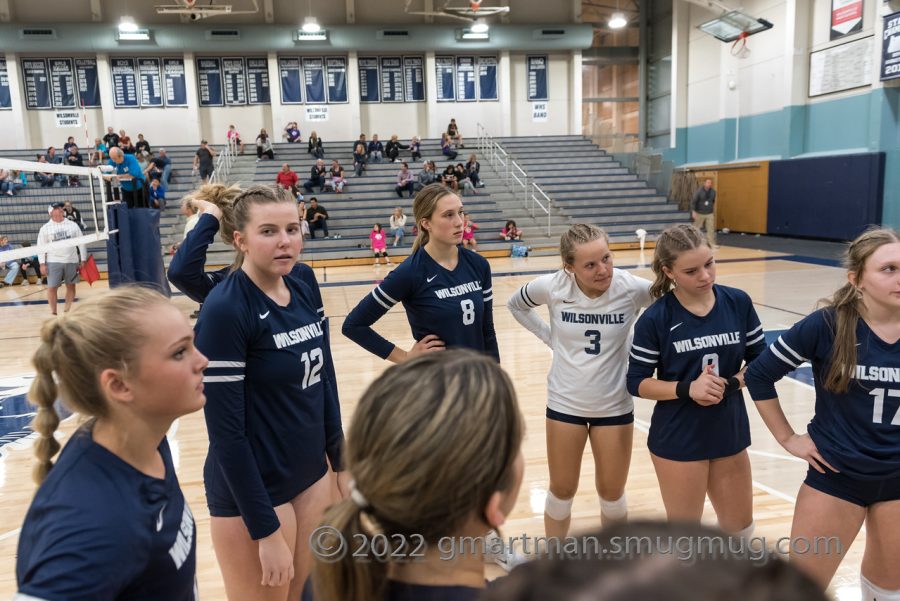 Wilsonville+huddles+up+between+games+of+their+double+header+against+Canby+and+Hillsboro.+They+beat+both+of+their+inner+conference+rivals.