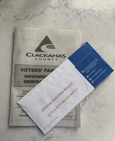 The Clackamas County 2022 voters pamphlet and ballot envelope. Some voters will read the pamphlet front to back, while others will only read some information.  