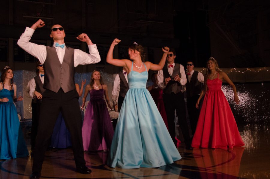Wilsonville High School students from the class of 2015 celebrate Springfest in formal attire on the theater stage. Photos such as this emphasize the history and tradition of Springfest at Wilsonville.