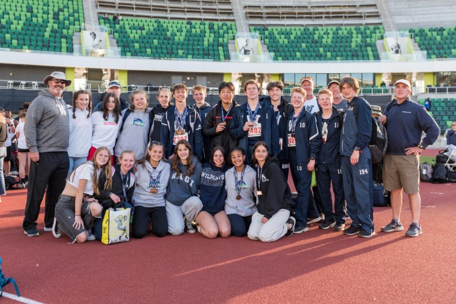 Wilsonville Track and Field poses for a picture during the State Championship at University of Oregon. Many Wildcats walked away with medals this day. 