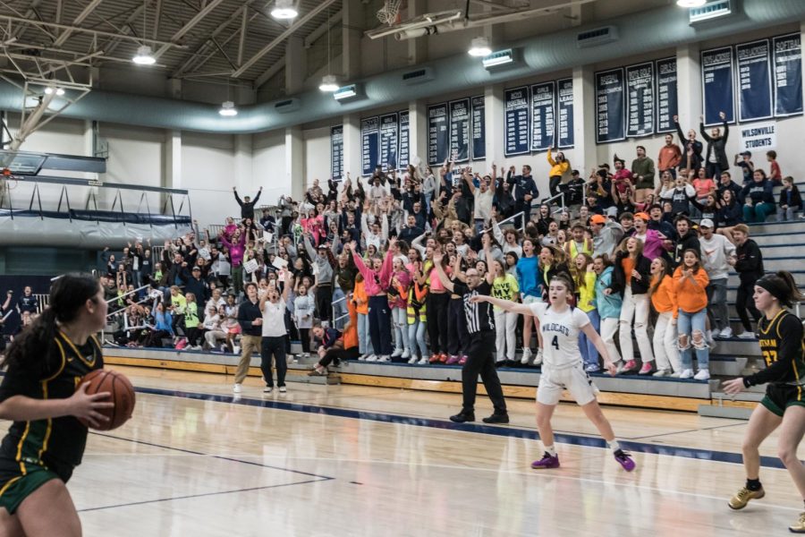 Wilsonville Wildcats student section at a girls basketball game. The crowd went wild after Gabbie Moultrie hit a three to go into overtime. 