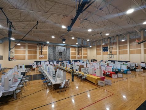 Setting up for the fair takes a long time. Students set up their boards, logbooks, and research plans over the weekend in preparation for judging on Monday.