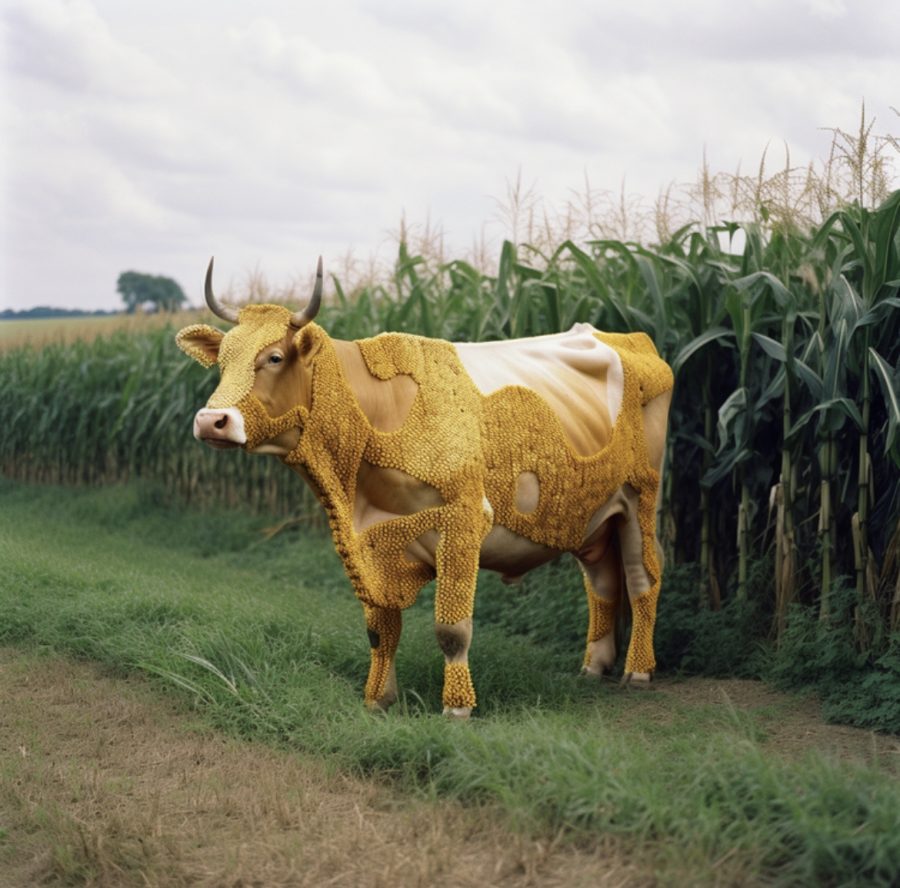 An AI created image of a cow made from corn standing in a field. AI photographs like this have been circulating the media recently.