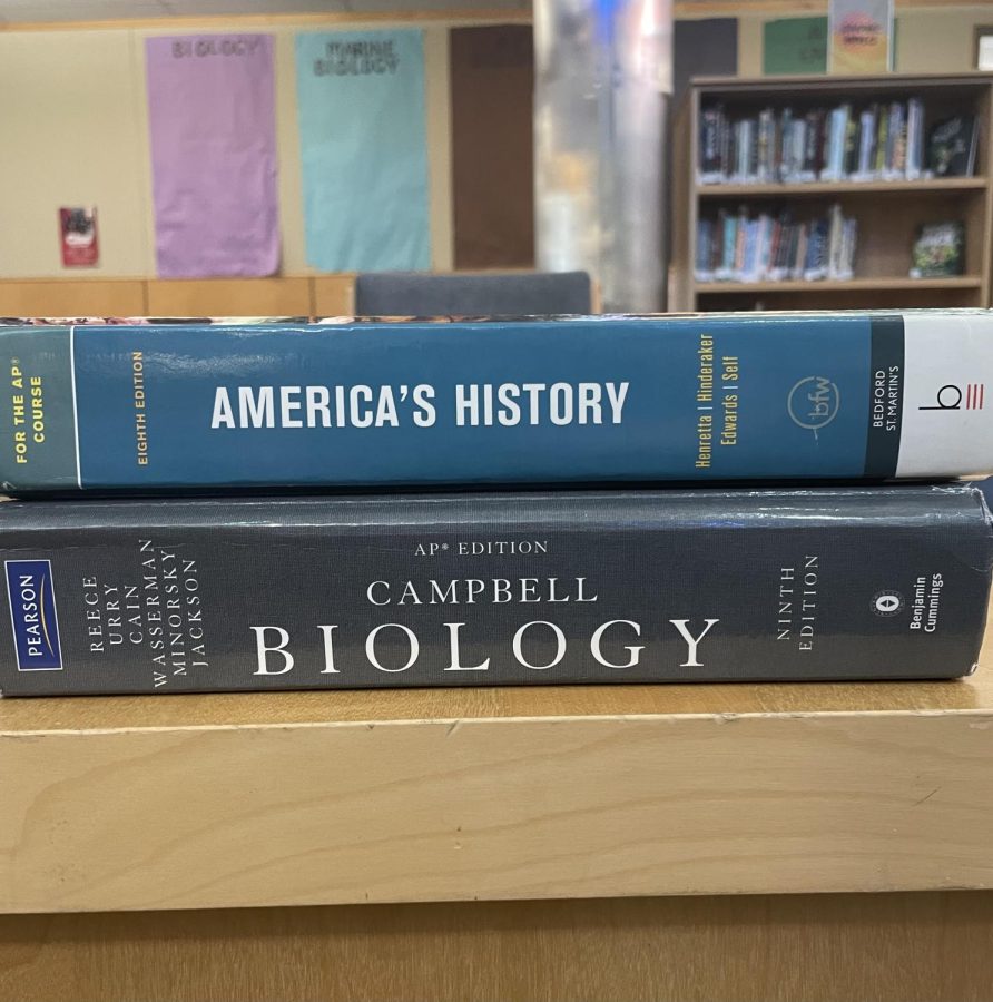 AP+textbooks+for+APUSH+and+AP+Biology.+Some+students+find+textbooks+helpful+during+their+final+days+of+studying.