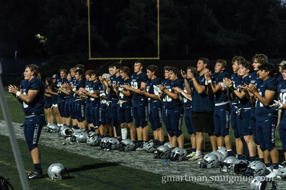 Wilsonville lines up to sing the fight song after their jamboree. Wilsonville will play Thurston at home on Friday, September 1st. 