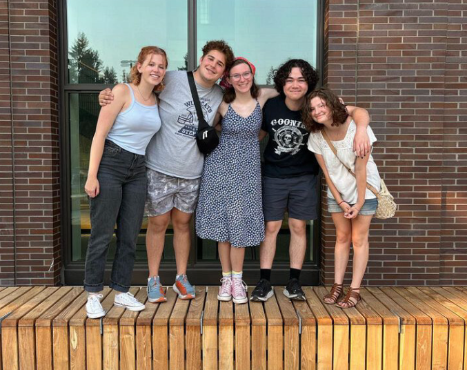 The Drama Club board members pose in front of the new Wilsonville High School performing arts center (Left to right: Kate Thomas, Maximus Werner, Lucy Neron, Xander Povey, Grace Haack).