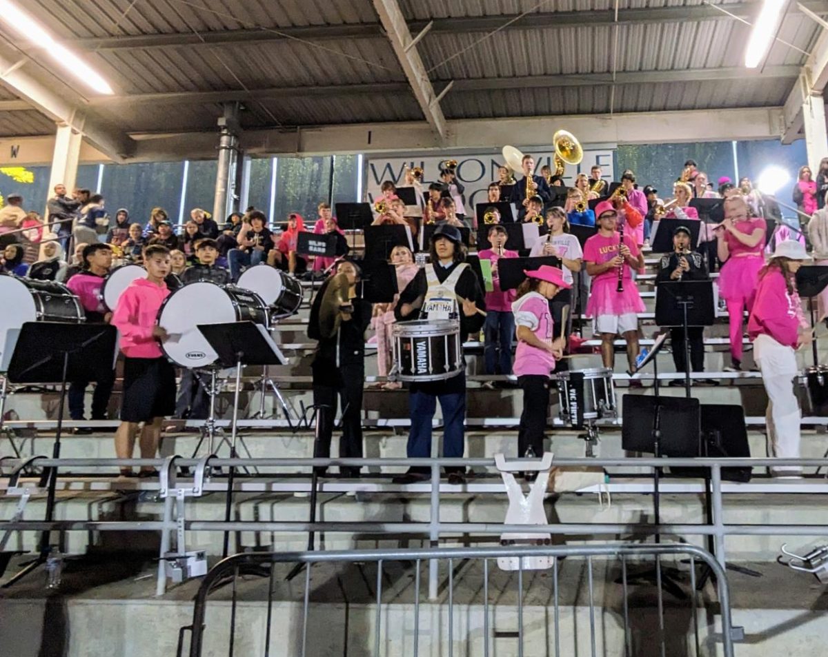 The Wilsonville pep band at the homecoming football game. Here, pep band is playing the fight song after the team scored a touchdown.