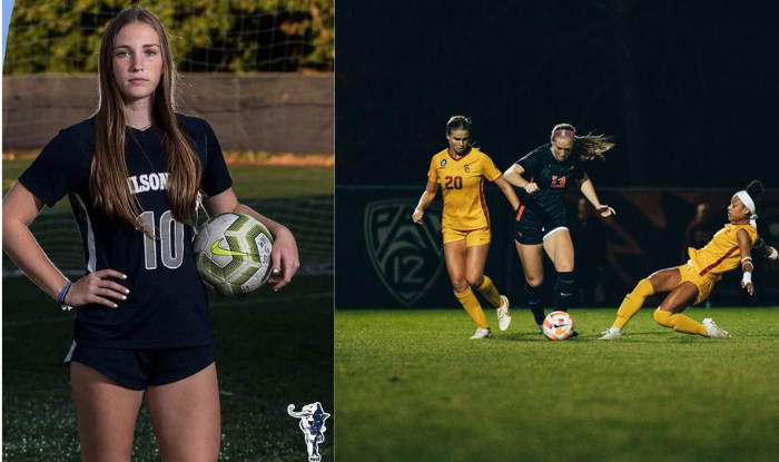 At Left: Antonson poses for her senior photo.
At Right: Lindsey on the attack in one of her soccer matches.