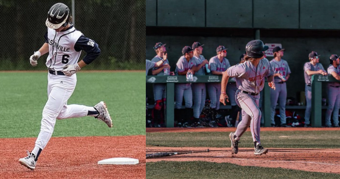 At Left: Antonson rounding the bases after hitting a home run.
At Right: Trevor hits a line drive to deep left field.