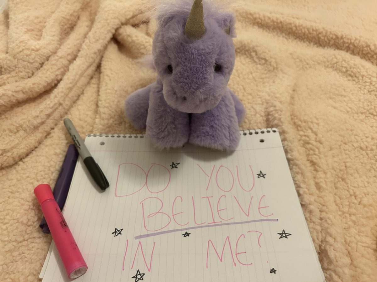 A stuffed unicorn spreads awareness about the lack of belief in magical creatures. Many argue that a horse with a horn on its head seems more realistic than giraffes.