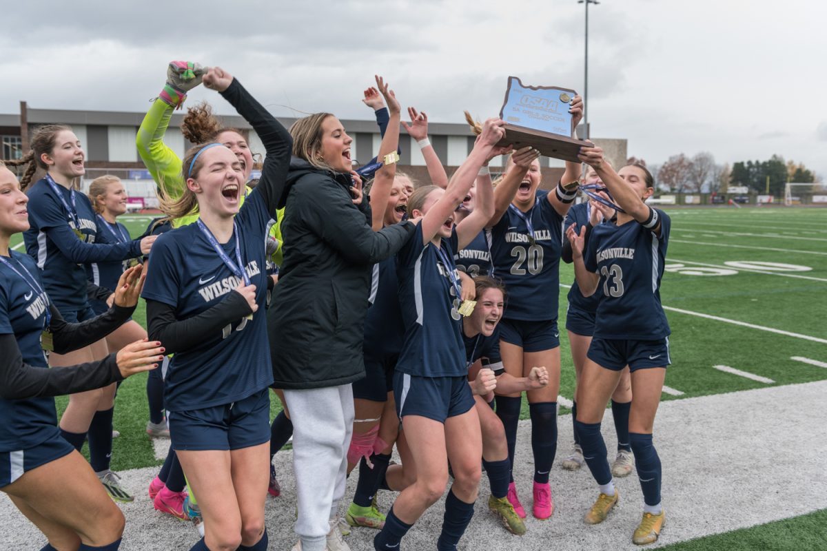 Wilsonville girls celebrates there win against North Eugene. This is Wilsonvilles third straight state title. Photo provided by Greg Artman.