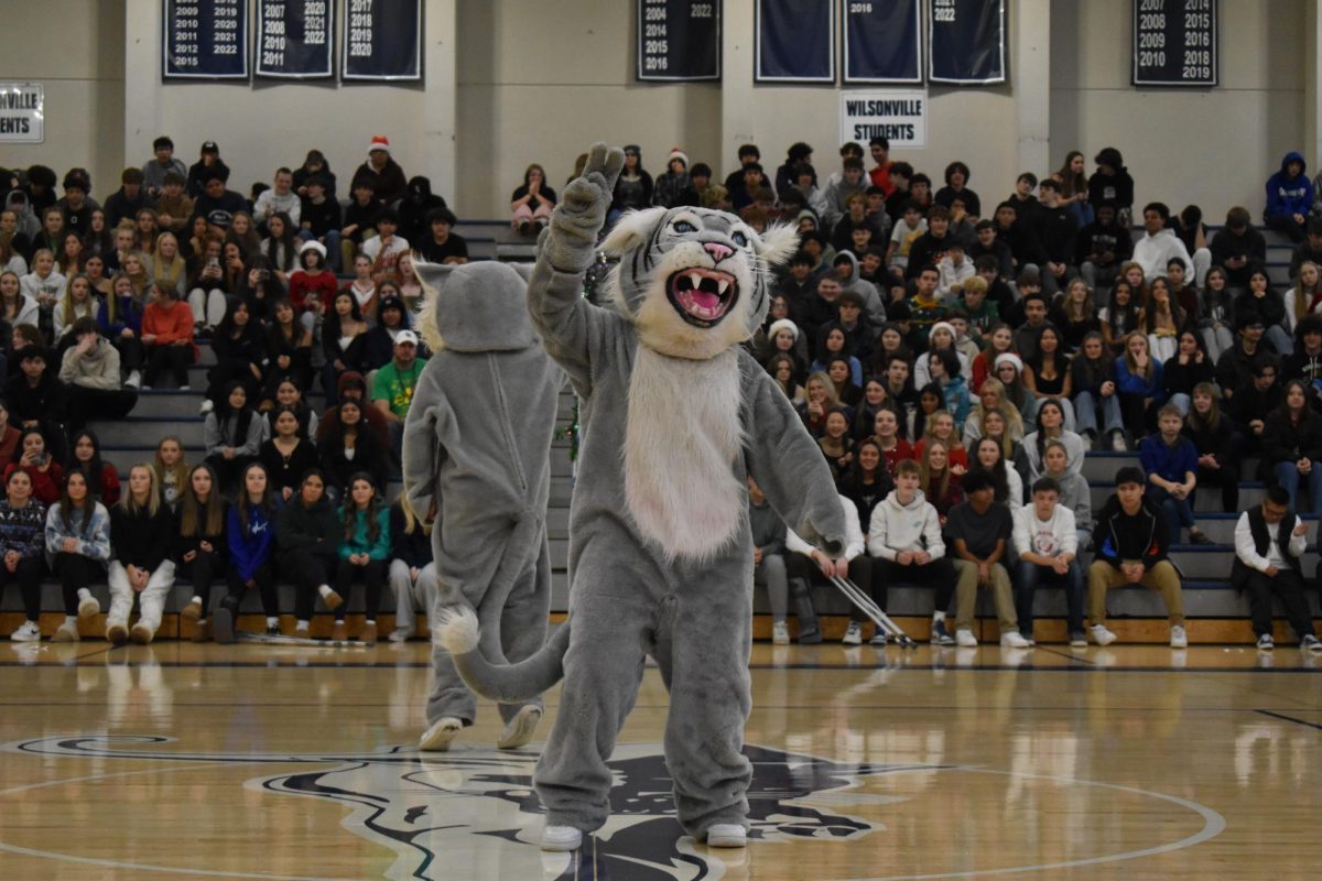 Two twin Willie the Wildcats hype up the crowd during the Winter Pep Assembly. Willie can be found at several school functions, so make sure to be on the lookout for him!