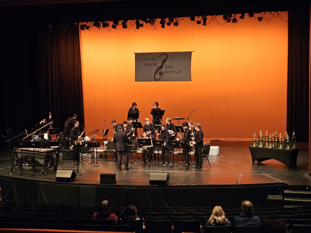 Wilsonville jazz band performs at the West Salem High School auditorium. They placed 3rd in their division, and had the opportunity to hear various other jazz bands! Photo provided by Caleb Green.