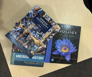 Some of the many textbooks that come along with the AP classes. They can be used for studying and in class learning.