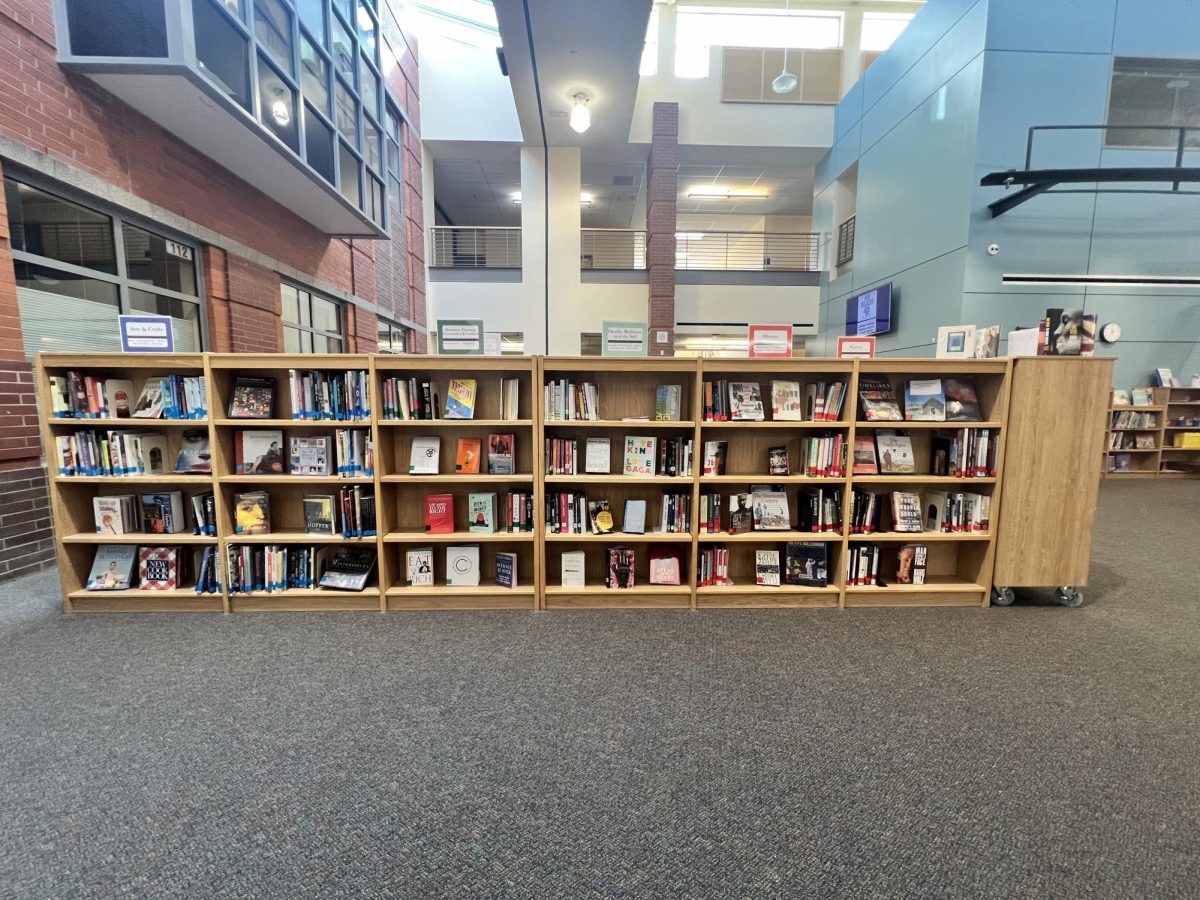 Here features an array of books that the Wilsonville library offers. Students have an opportunity to pick up books from all different genres