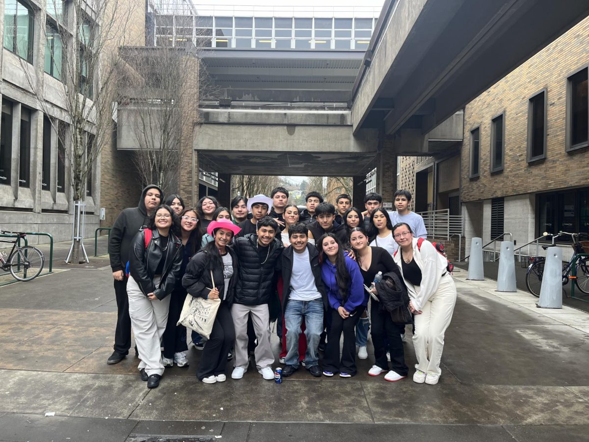 The MECha club poses outside of the hosted building for a quick photo op. Over the years, the group has developed a strong connection between one another. Photo provided by Aysha Marin.
