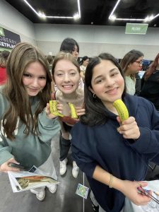 Mia Winters, Vaani Aga and Sydney Hanson practice suturing bananas at a career expo. Its important to participate in opportunities to learn about future careers. Photo provided by Yaamini Aga.