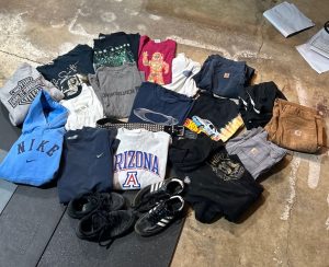 This is a recent thrift haul from Max Buchwald. He went to the Goodwill Bins and found various pieces of clothing. 