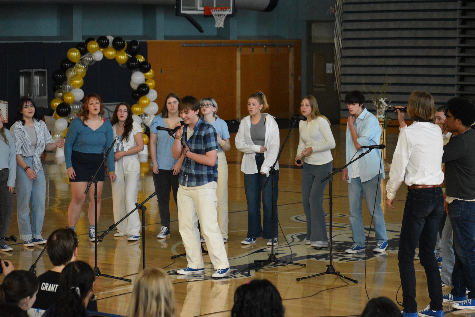 Wilsonville Highs a capella group, Sould Out performed two songs at the Springfest Assembly. Those two were Valerie and Hand of God.