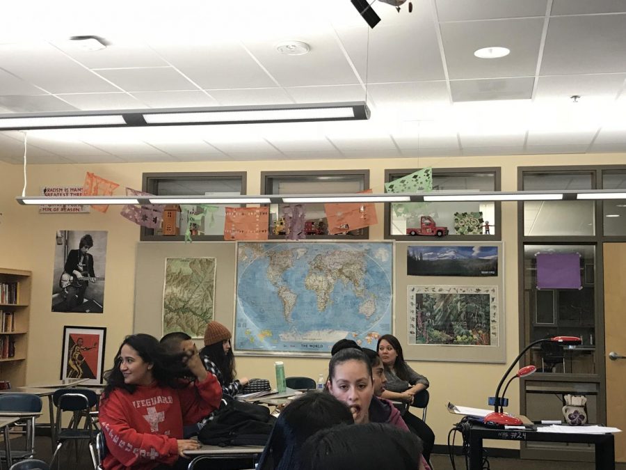 Students gather in Mr. Ryan's room for a MECHA meeting.