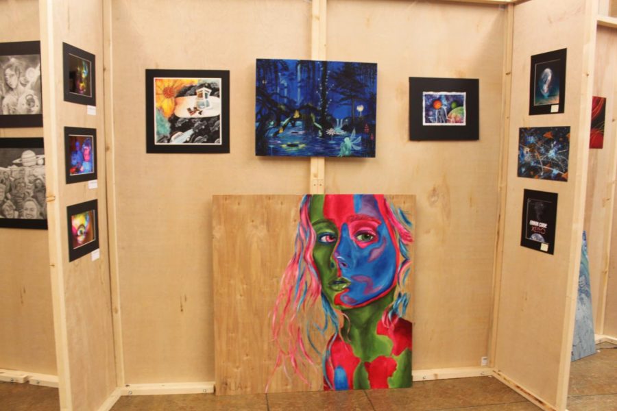 Pictured above is a collection of fine arts works from photography, acrylic painting, and drawing. 